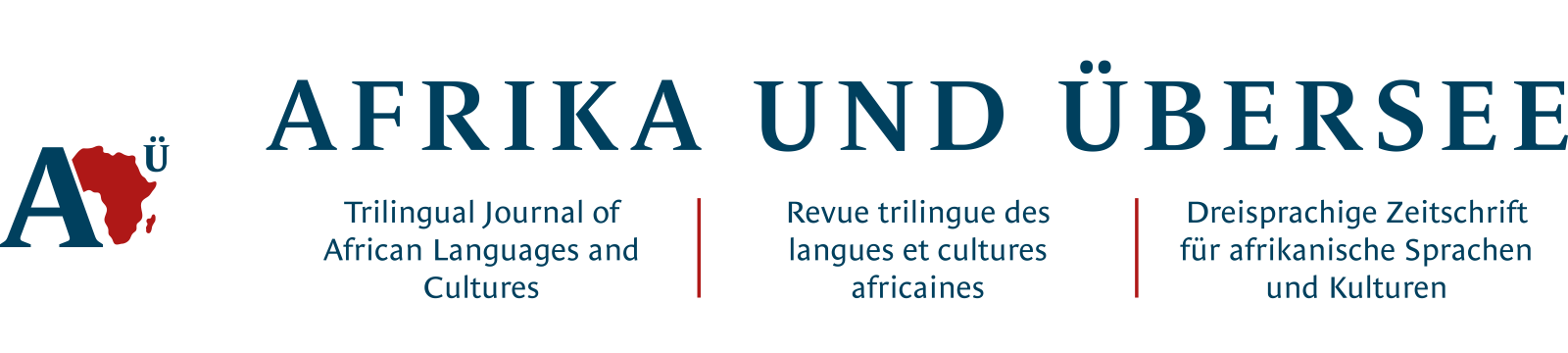 On the left side, the logo of Afrika und Übersee ist presented. To its right, the title of the journal, Afrika und Übersee is shown in capital letters. Below, the trilingual subtitle ( Trilingual Journal of African Languages and Cultures / Revue trilingue des langues et cultures africaines / Dreisprachige Zeitschrift für afrikanische Sprachen und Kulturen) of the journal is located. 