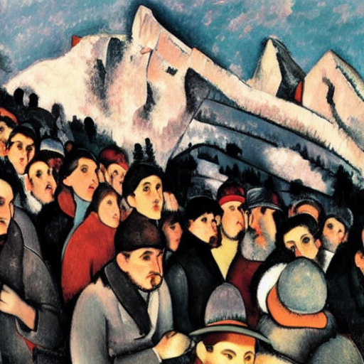 Computergeneriertes Bild (DreamStudio) nach Amedeo Modigliani: Prompt "a crowd speaking in the alps mountains" (CC0 1.0)