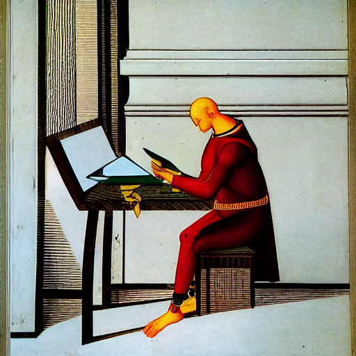 Computergeneriertes Bild (DreamStudio) nach Paolo Ucello: Prompt "a machine Francesco Petrarca writing texts"  (CC0 1.0)