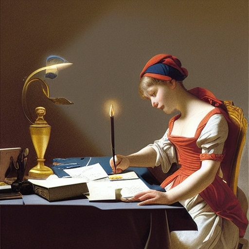 Computergeneriertes Bild (DreamStudio) nach Jacques Louis David: Prompt "writing letters in the night" (CC0 1.0)