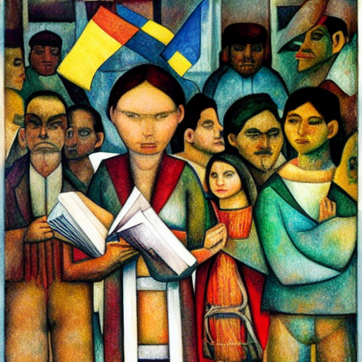 Computergeneriertes Bild (DreamStudio) nach Diego Rivera: Prompt "novels and latin american identities" (CC0 1.0)