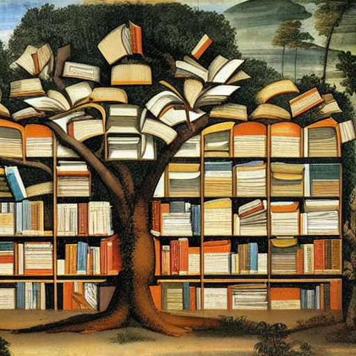 Computer generated picture (DreamStudio) after Michelangelo: Prompt "a tree of books" (CC0 1.0)