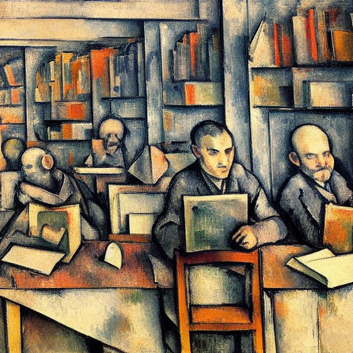 Computer generated picture (DreamStudio) after Paul Cézanne: Prompt "internet and librarires" (CC0 1.0)