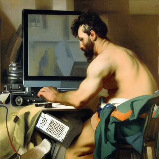 Computer generated picture (DreamStudio) after Eugène Delacroix: Prompt "a man repairing a computer" (CC0 1.0)