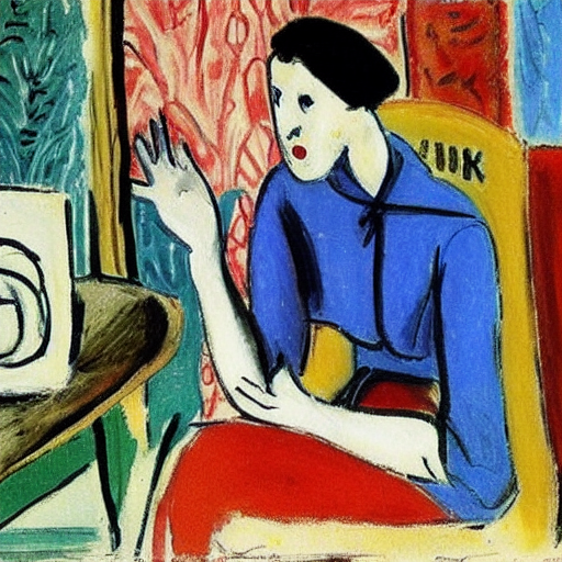 Computergeneriertes Bild (DreamStudio) nach Henri Matisse: Prompt "interviews for research in history and linguistics about second world war" (CC0 1.0)