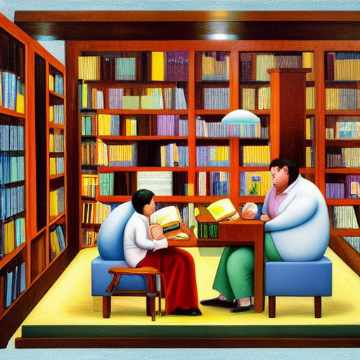 Computergeneriertes Bild (DreamStudio) nach Fernando Botero: Prompt "books and computers in a library" (CC0 1.0)