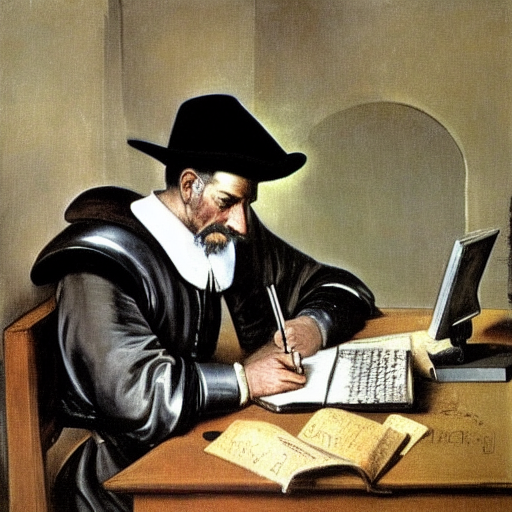 Computergeneriertes Bild (DreamStudio) nach Diego Velázquez: Prompt "Cervantes writing a novel in a computer" (CC0 1.0)
